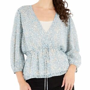 DKNY Blue Long Sleeve Floral Peplum Top NWT Size Small